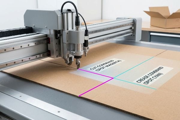 تقوم طاولة القطع CNC بمعالجة الورق المقوى المموج، باتباع أمر القطع (البقعة الأرجوانية) وأمر الطي (البقعة السماوية) للحصول على قطع دقيقة.