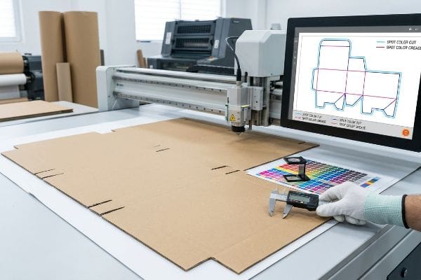Corrugated cardboard on a CAD cutting table, showing a Spot Color Cut and Crease dieline on screen, with a hand measuring.