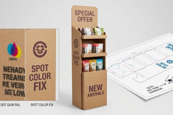Spot Color Print Fix Kraft corrugated floor display, comparing CMYK Dot Gain Fail to Spot Color Fix, with a blueprint illustrating 18.5% Dot Gain Expansion.