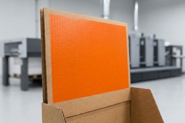 Impression en couleur orange vif sur carton ondulé de testliner, illustrant l'application d'encre PMS à contraste élevé en usine.