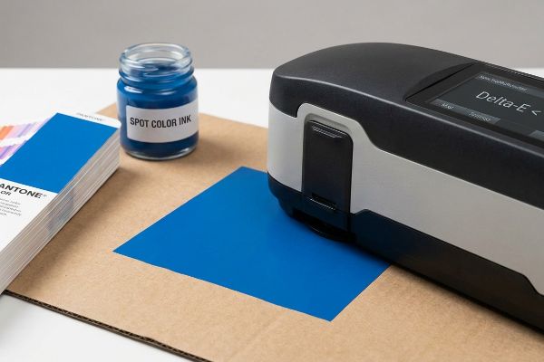 A precise spectrophotometer measures a blue spot color ink swatch on cardboard, alongside a jar of Spot Color Ink and Pantone swatches, verifying Delta-E.