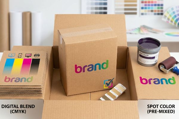 Comparing corrugated packaging with 'brand' logo using Digital Blend (CMYK) and Spot Color (Pre-Mixed) inks, featuring a purple ink can and color swatch.