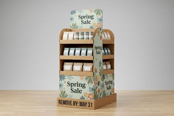 Corrugated cardboard seasonal display unit with 'Spring Sale' graphics, multi-tiered shelves, and a 'Remove By: May 31' date.