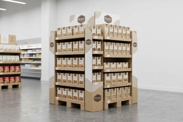 A custom cardboard endcap display, branded with "Brand," holds numerous light brown packages in a bright retail store.