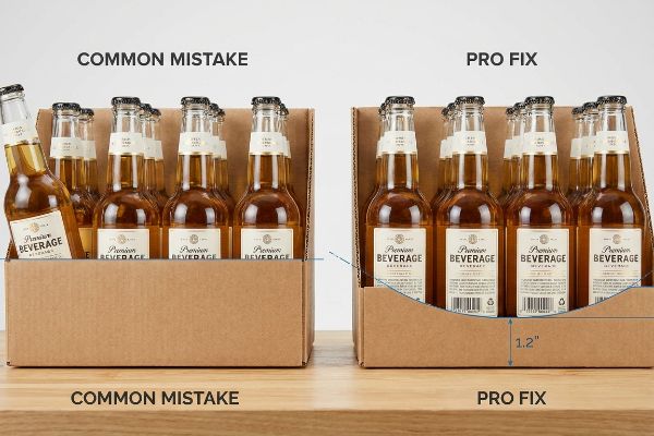 Brown cardboard SRP display comparing obscured 'Premium Beverage' labels to a 1.2-inch die-cut swoop for clear visibility.