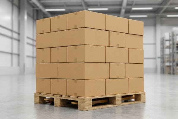 Des cartons bruns empilés sur une palette en bois dans un entrepôt, représentant un chargement unitaire pour l'expédition et la logistique.