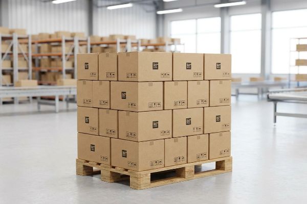 Brown cardboard shipping boxes with stylized logos and handling symbols stacked on a wooden pallet in a bright warehouse.
