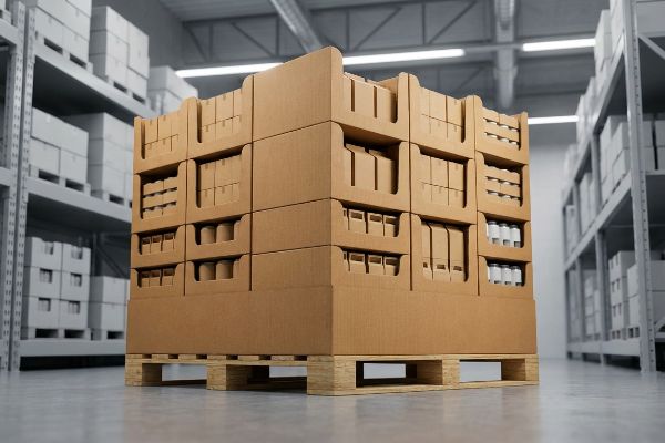 In a warehouse, a stacked corrugated full-pallet display on a wooden pallet showcases silver cans and empty product compartments.