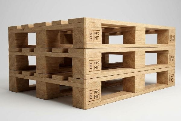 Light brown, ISPM 15 certified heat-treated wooden pallets stacked three high, featuring clear IPPC HT markings.
