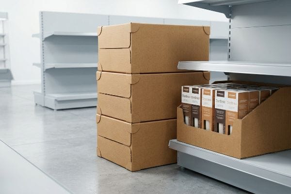 Stacked brown corrugated shipping boxes beside a shelf-ready display tray holding Distinca CorBrea and DurBrea retail boxes.