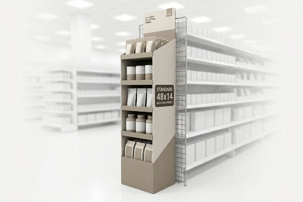 Beige cardboard sidekick display showcasing generic retail products, featuring 