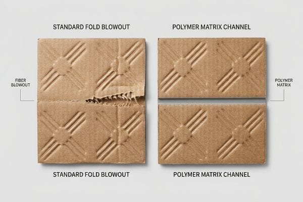 Corrugated board samples show a Standard Fold Blowout with Fiber Blowout compared to a Polymer Matrix Channel.