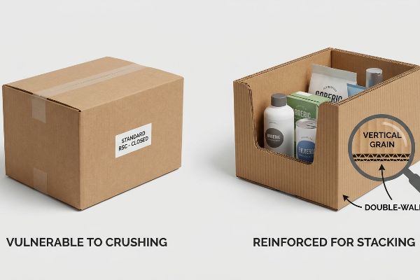 Standard Rsc closed cardboard box vulnerable to crushing.