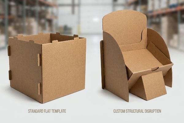 Natural brown corrugated cardboard displays, contrasting a Standard Flat Template box with a Custom Structural Disruption unit.
