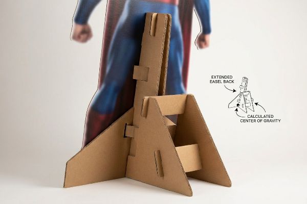 Brown corrugated cardboard easel back of a Superman standee, showing the Extended Easel Back and Calculated Center of Gravity diagram for structural stability.
