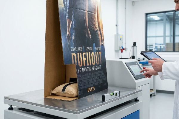 Réplica em papelão do filme 'Dufhout' com um saco de areia como âncora, sobre uma plataforma de teste metálica, monitorada por um técnico para garantir a estabilidade.
