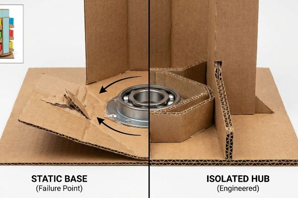 Brown corrugated cardboard display base comparison: a Static Base (Failure Point) with torn paper around a ball bearing, versus an Engineered Isolated Hub.
