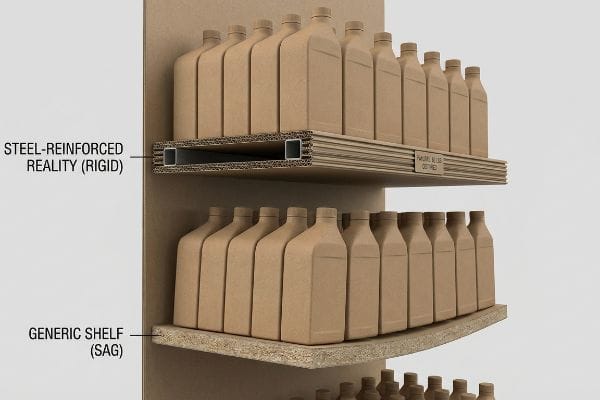 Steel-Reinforced Reality (Rigid) corrugated shelf with visible metal tubing supports heavy bottles, contrasting with a sagging Generic Shelf (Sag) below.