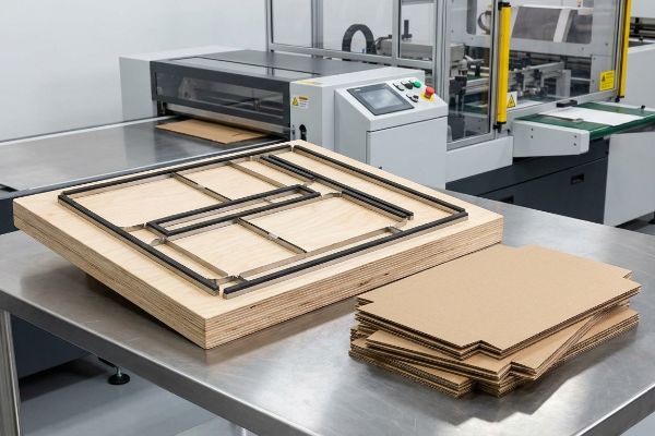 Wooden steel rule die board with steel blades and rubber ejectors, next to a stack of flat die-cut corrugated cardboard sheets.