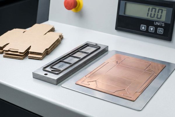 組み立てられていない段ボール箱のブランク、スチール製の定規ダイ、銅製の印刷版を使用して、10.0ユニットを表示する自動機械セットアップ。.