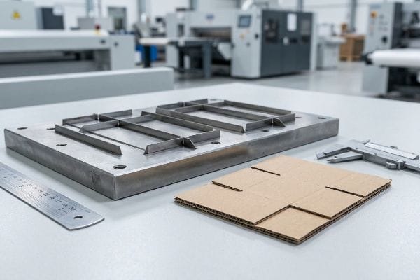 A precision steel rule die, corrugated cardboard, ruler, and caliper on a workbench, highlighting manufacturing tooling for retail displays.
