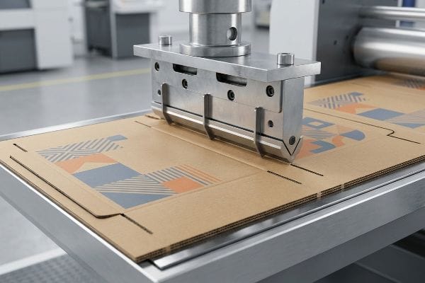 A steel-rule die presses down on corrugated board with printed geometric patterns, creating precise score lines and cuts for packaging.
