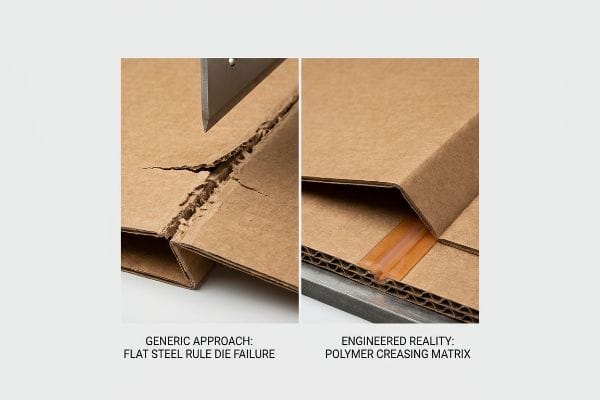 Brown corrugated board showing Flat Steel Rule Die Failure with torn fibers versus a clean fold using a Polymer Creasing Matrix.