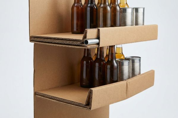 Brown corrugated display shelf with a visible hidden metal support bar (steel tubing) in the front lip, securely holding amber beverage bottles and silver cans.