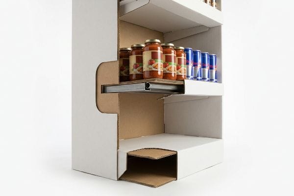 White cardboard end cap display featuring a hidden steel tubing support bar under a shelf with glass pasta sauce jars and Red Bull.