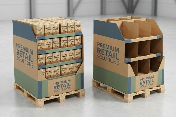Two corrugated full-pallet displays, one stocked with Organic Snacks, the other empty, both branded 'Premium Retail Solutions' on wooden pallets.