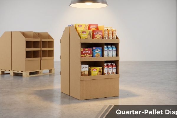 A compact corrugated quarter-pallet display, stocked with snacks and drinks, stands under a spotlight, with empty units on GMA wooden pallets behind it.