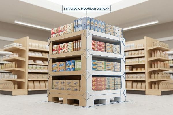 A grocery store aisle features a Strategic Modular Display, a corrugated end cap fixture showcasing Balgate and Forest packaged food products on a fractional pallet base.