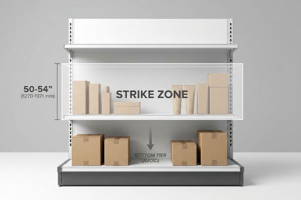A retail shelf display highlights the 50-54 inch (1270-1371 mm) Strike Zone for optimal product placement, contrasting with the Bottom Tier (Avoid).