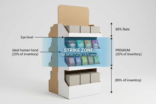 Cardboard merchandising display highlights the Strike Zone (50-54 in / 1270-1371 mm) at eye and ideal human hand level for premium 20% inventory, demonstrating the 80 20 Rule.