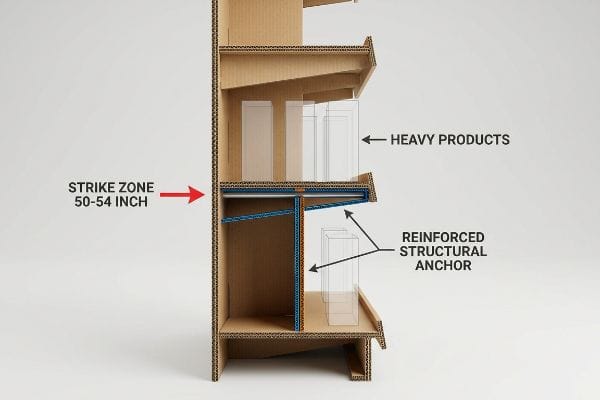 Corrugated cardboard retail display cross-section showing a Reinforced Structural Anchor supporting Heavy Products in the Strike Zone 50-54 Inch.