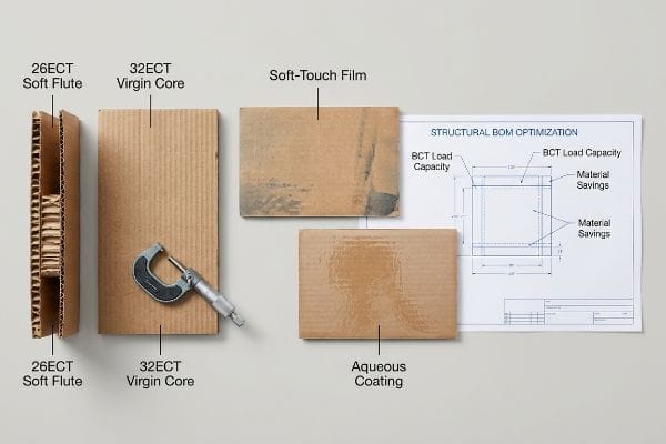Corrugated board samples: 26ECT Soft Flute, 32ECT Virgin Core, Soft-Touch Film, Aqueous Coating, Structural Bom Optimization diagram.