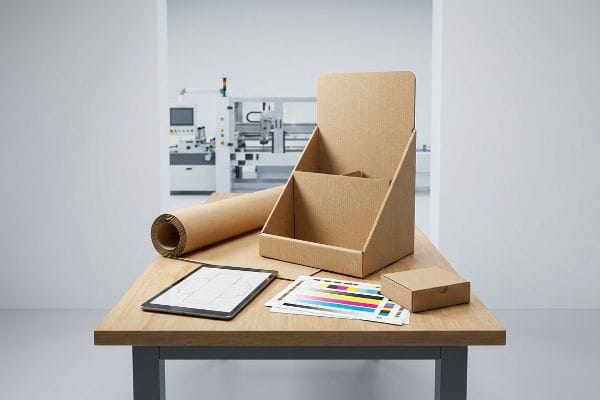 A production table features an empty brown corrugated cardboard display, kraft paper roll, tablet with structural design, and CMYK color swatches, with a packaging machine in the background.