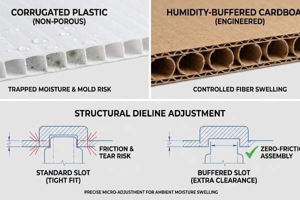 Corrugated plastic mold risk vs humidity-buffered cardboard. Structural Dieline Adjustment uses buffered slots for zero-friction assembly, preventing moisture swelling.