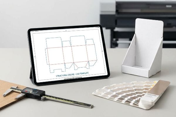 Digital caliper measuring corrugated cardboard, a tablet displays a Structural Dieline - CAD Template, with a white display box and Pantone fan deck.