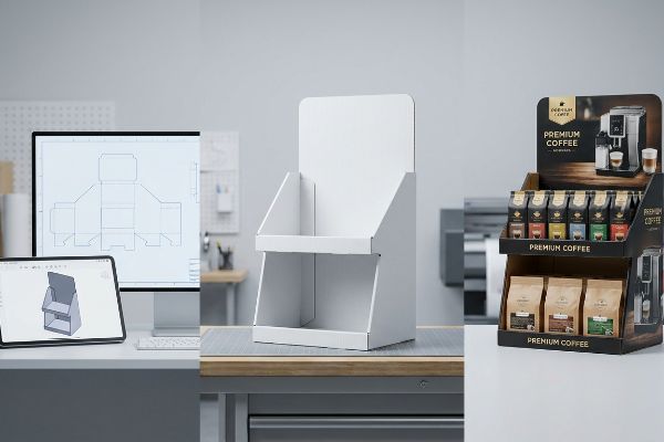 Structural dieline and 3D CAD model on screens, alongside a white corrugated display prototype and a finished Premium Coffee retail display.