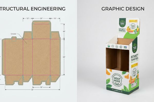 Brown corrugated cardboard dieline for structural engineering, showing dimensions and crease lines, contrasted with a graphic design retail display for Rotanct Tomatoes.