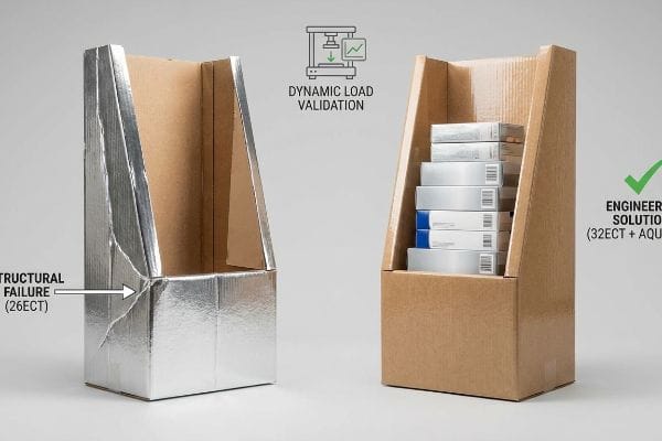Damaged silver foil display with Structural Failure (26ECT) beside a robust 32ECT corrugated display, demonstrating Dynamic Load Validation.