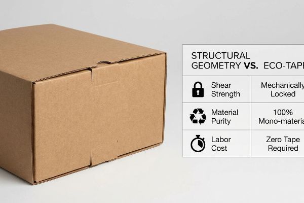 Corrugated cardboard box with mechanically locked, tape-free structural geometry, highlighted by a comparison table showing 100% mono-material purity and zero labor cost.