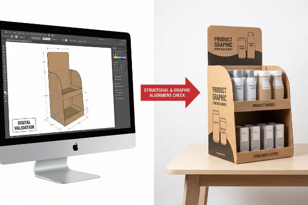 Structural & Graphic Alignment Check: 3D rendering (Digital Validation) of POP display vs. physical Product Graphic.