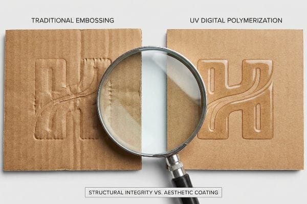 Corrugated cardboard shows Traditional Embossing's crushed H-logo vs. UV Digital Polymerization's raised polymer H, highlighting structural integrity vs. aesthetic coating.