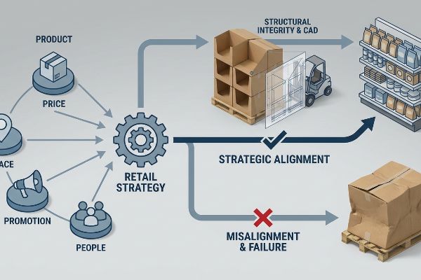 Flowchart of Retail Strategy 5 P's (Product, Price, Place, Promotion, People). Strategic Alignment leads to Structural Integrity & CAD for retail shelves. Misalignment & Failure results in a crushed box.