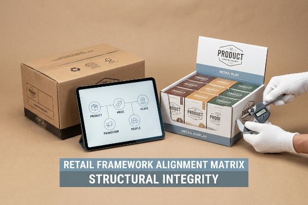 Brown cardboard shipping box, Retail Play display with Product items, tablet showing 5 P's framework, and gloved hands measuring structural integrity for Retail Framework Alignment Matrix.