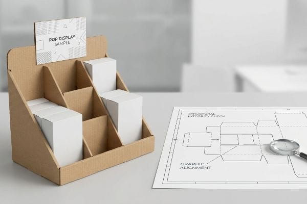 Reviewing a corrugated Pop Display Sample and blueprint for Structural Integrity Check, Graphic Alignment.