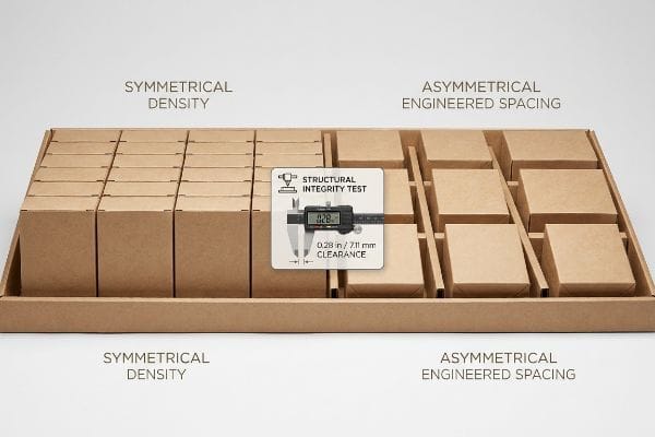 Kraft boxes compare Symmetrical Density to Asymmetrical Engineered Spacing, measured with 0.28 in / 7.11 mm Clearance.