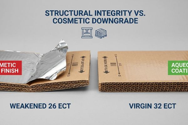 Corrugated board comparison: Weakened 26 ECT Cosmetic Finish (foil) vs. Virgin 32 ECT Aqueous Coating.